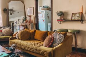 Velvet sofa in cozy living room